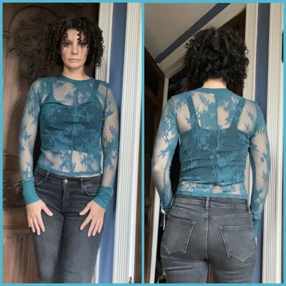 Intimately Free People Floral Mesh Layering Top Teal Sz Small